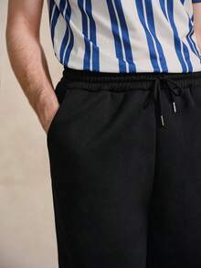Men Drawstring Waist Slant Pocket Tennis Sports Shorts, Solid Black, Summer, Basic - Black - View 8
