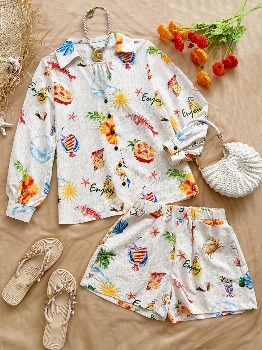 Soleia Women's Pineapple Print Long Sleeve Shirt And Shorts 2 Pieces Set - Multicolor - View 1