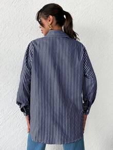 SHEIN Cottnline Striped Print Drop Shoulder Shirt - Navy Blue - View 2