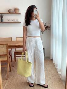 Enliva Plus Size Women White Embroidered Knotted Casual Pants, For Apple And Rounded Body Shape, For Summer - White - View 3