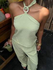 Muchica 女士绿色编织露背吊带上衣和裤子休闲套装 - 綠色 - 查看 1