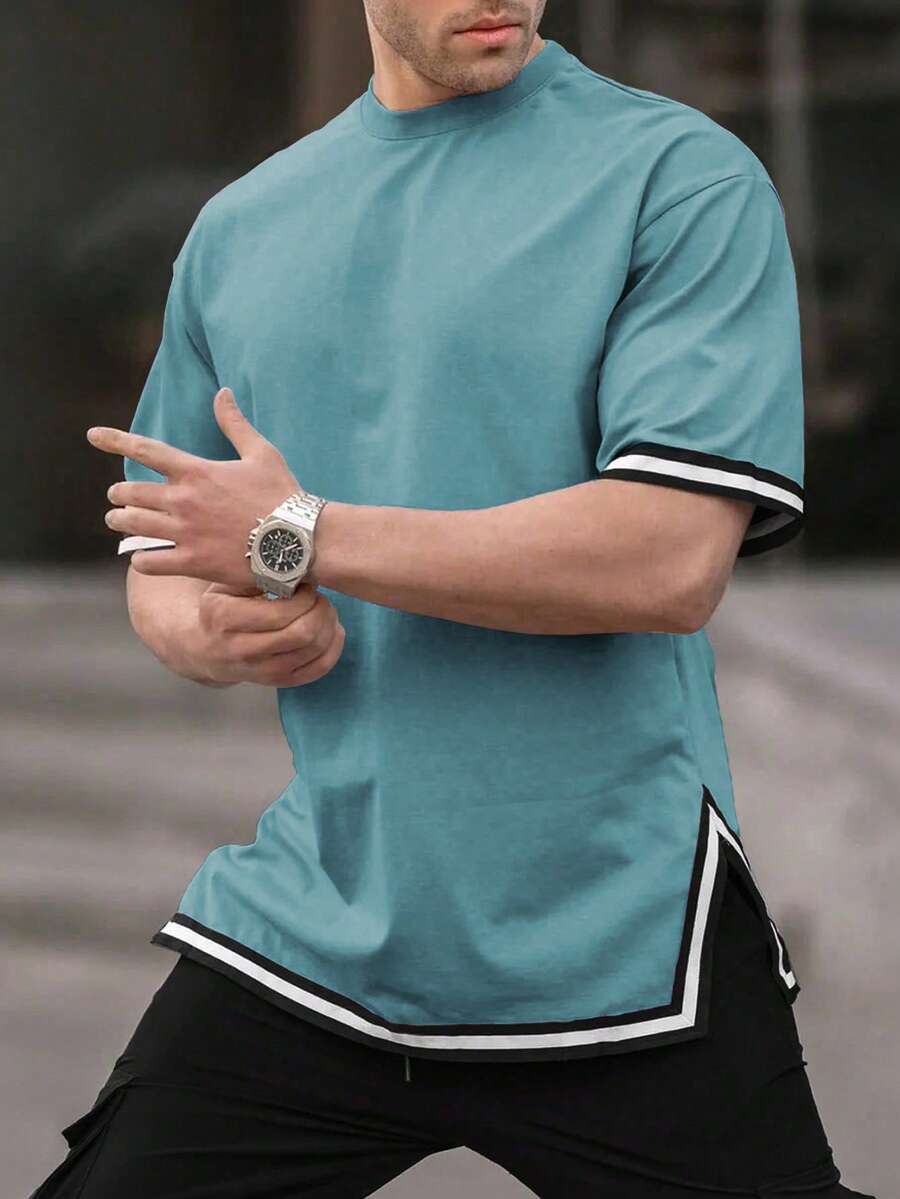 Manfinity Homme 男士藍白條紋短袖T恤,夏季休閒度假拼色復古上衣,男士網球高爾夫運動上衣 - 霧霾藍 - 查看 1