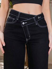 Bris Aura 女士时尚休闲不对称腰带宽松牛仔裤 - 黑色 - 查看 5