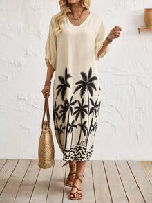 Breezaya Women's V-Neck Three-Quarter Sleeve Palm Tree Print Midi Dress,White Summer Casual Tropical Beach Vacation Holiday,Loose Flowy Resort Wear Cover Up - Apricot - View 5