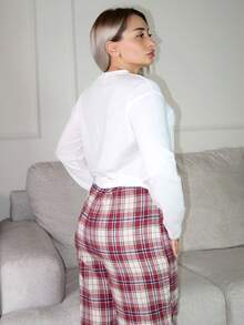 salliqueen Damen Lässig Alltags Zuhause Weihnachten einfarbig Rundhals Langarm Schleifen Muster & rotes kariertes Kordelzug Hose 2 Stücke Pyjama Set, Herbst/Winter - Rot-Weiß - Übersicht 6