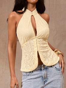 Opulessa Women's Solid Color Knit Off-Shoulder Camisole,Pale Yellow,Summer,Seductive,Night Out Cute Bohemian Ibiza Western Style Holiday Vacation Outfits Tops - Yellow - View 1