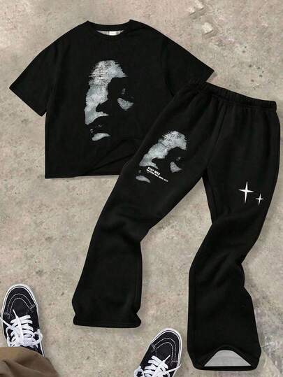 2件套青少年男童休闲简约Y2K风格黑白镂空人像印花美式复古运动短袖圆领T恤和喇叭裤，适合夏季穿着