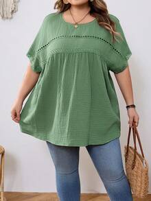 SHEIN CURVE+ 加大码 US22 音乐节、海滨度假、波西米亚风休闲纯色蝙蝠袖衬衫 夏季/乡村/海滩度假/沙滩装、夏季上衣 - 綠色 - 查看 5