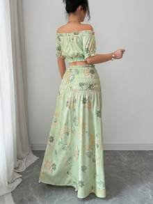 Elenzga Women's Off-Shoulder Cropped Top With Floral Embroidery Print, Suitable For Beach Vacation And Travel, 2-Piece Set, Spring/Summer - Green - View 2