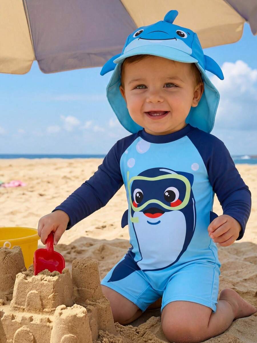 SHEIN Áo liền quần dài tay thoải mái, dễ thương cho bé trai/bé gái, thích hợp cho các hoạt động ngoài trời, kỳ nghỉ, bơi lội, suối nước nóng, bãi biển, lướt sóng, mùa xuân/hè. - Nhiều màu - Xem 1