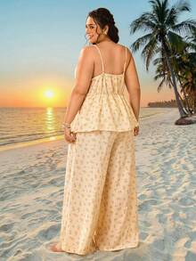 SHEIN CURVE+ Curve Size US22Music Festival, Seaside Vacation, Bohemia Women's Apricot Woven Suspender+Wide Leg Pants Floral Home Romantic Set, Summer Outfits - Yellow - View 3