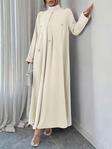 Yasmyna 女士优雅长袖阿拉伯风格连衣裙，饰有水钻，秋季款 - 杏色 - 查看 4