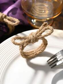 2/4/6/8/12-Piece Hemp Rope Bow Napkin Rings, Rustic Natural Linen Napkin Clips, Handmade Linen Farm-Style Napkin Rings, Suitable For Weddings, Parties, Birthdays, Dinner Tables, Christmas, Thanksgiving, Family And Outdoor Table Decorations, - Multicolor - View 7