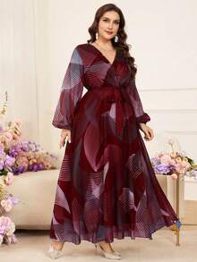 Modelyn Vestido midi listrado elegante e modelador de cintura para mulheres plus size - Borgonha - Ver 3