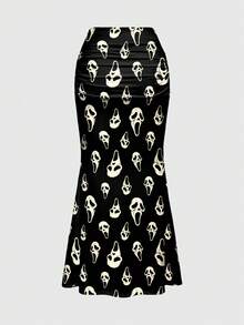 ROMWE Goth Women's White Skull Print Ruched Bodycon Mermaid Skirt - Black - View 2