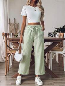 Breezaya Women's Tie Waist Striped Wide Leg Loose Pants - Green - View 6