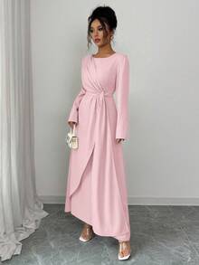 Elenzga Women's Elegant Solid Color Pleated Waist Long Sleeve Dress - Dusty Pink - View 5