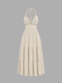 Sweetra Đầm slip mùa hè gợi cảm, đa năng, thanh lịch, trang trí ren, thắt eo, dây mảnh. - Màu be - Xem 1