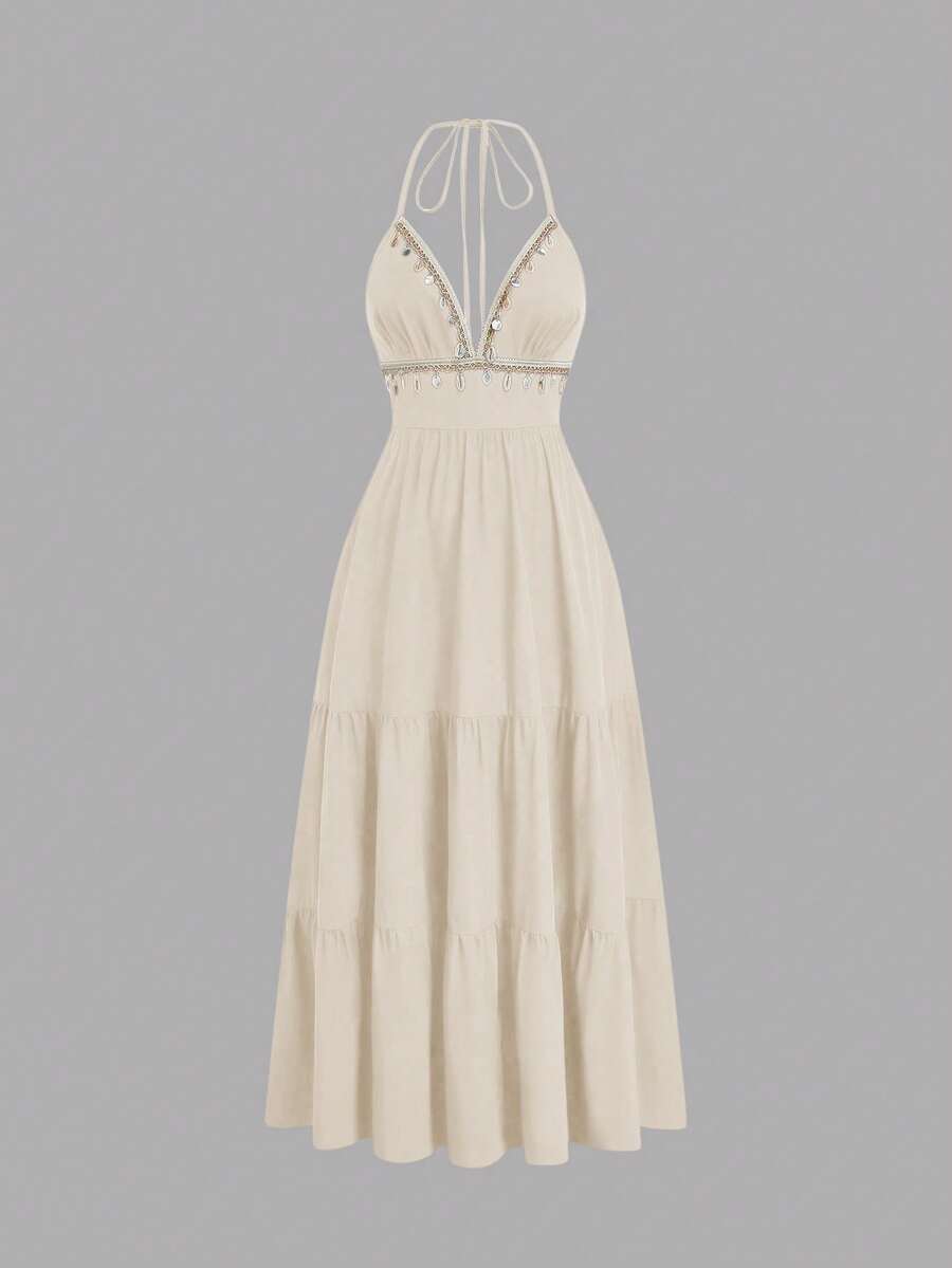 Sweetra Đầm slip mùa hè gợi cảm, đa năng, thanh lịch, trang trí ren, thắt eo, dây mảnh. - Màu be - Xem 1