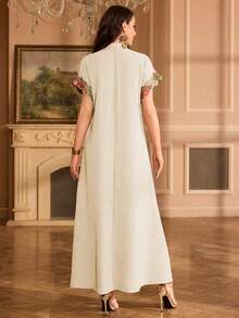 Al Najma Embroidered Collar Floral Raglan Sleeve Mandarin Collar Elegant Dress - Beige - View 2