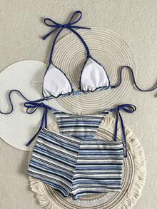 Bonvoyette Bộ đồ bơi 3 món dành cho nữ: Áo và quần bikini buộc dây cổ bằng vải kẻ sọc nhiều màu sắc, kiểu dáng thời trang thường ngày cho kỳ nghỉ. - Nhiều màu - Xem 3