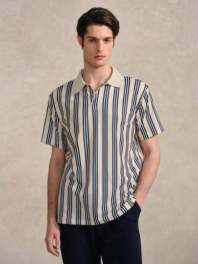 Courvante 男士复古条纹图案 Polo 衫 Tenniscore