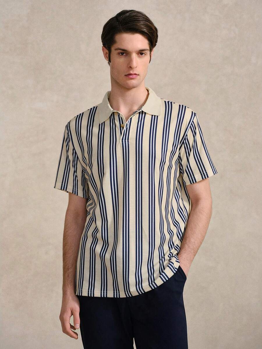 Courvante 男士复古条纹图案 Polo 衫,网球高尔夫皆宜,短袖,多色可选,带口袋,透气,常规版型,父亲节礼物,时尚休闲,送给男友,男士服装 - 彩色 - 查看 1
