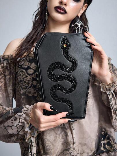 ROMWE Goth 女士PU黑色蛇纹链条棺材形斜挎包，非常适合返校和参加派对。