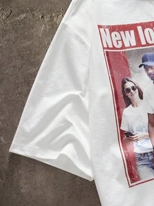 AXEPEAK Standard Size Men's Short White Boxy Newspaper Graphic T-Shirt, Summer - White - View 3