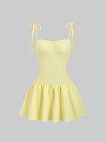 SHEIN Sweetro Đầm hai dây xếp ly xoắn màu trơn dành cho nữ, thích hợp cho mùa xuân/hè. - Màu vàng - Xem 7