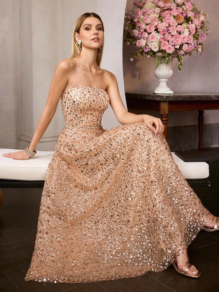 WOMEN'S BEADED CONTRAST SEQUIN STRAPLESS DRESS, STRAPLESS, SPRING/SUMMER