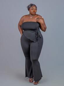 CurvyTilda Plus Size 2pcs Set Black Tube Top And Bell Bottom Jeans Outfit, Spring/Summer Elegant - Black - View 5