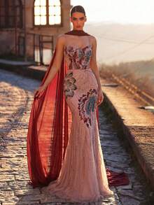 Glamrae Elegant Luxurious Colorful Beaded Sequin Embroidered Shoulder Strap Mermaid Dress With Detachable Jacket,Heavy Embellishment Formal Wedding Gala Gown - Multicolor - View 6