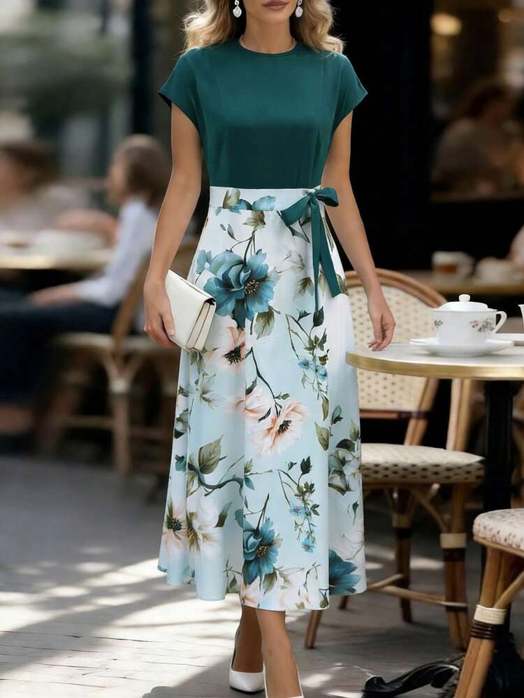 Balvessa Vestido largo elegante de mujer con patrón de patchwork y corbata de moño - Verde Oscuro - Añade 1