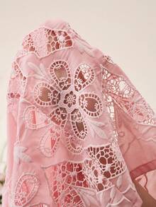 Anewsta Spring/Summer New Romantic Vacation Style Bowknot Hollow Embroidered Blouse + High Waist A-Line Hollow Embroidered Skirt 2-Piece Set For Women - Pink - View 8