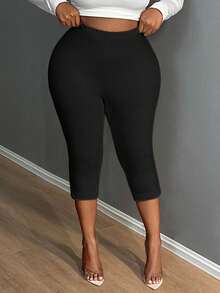 SHEIN SXY Solid Split Cropped Leggings, Casual Elastic Waist Every Day Stretchy Leggings, Women's Plus Clothing - Black - View 5