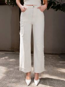 Bris Aura 女士新款时尚优雅刺绣情人节派对蓝色直筒牛仔裤 - 杏色 - 查看 4