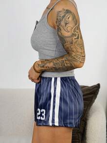 SAYEHFBABY 女士夏季节日街头服饰运动休闲 Y2K 比赛日条纹缎面面料宽松松紧腰带毛衣短裤 - 藏蓝色 - 查看 5