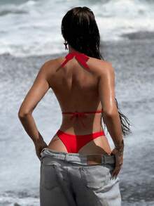 Swim SXY 女士新款纯色露背深V领性感丁字连体泳衣 - 紅色 - 查看 2