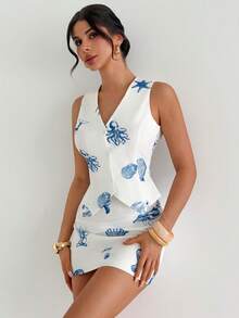 Firerie 女士贝壳图案单排扣背心和紧身迷你裙套装 - 彩色 - 查看 7