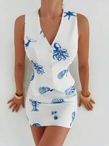 Firerie 女士贝壳图案单排扣背心和紧身迷你裙套装 - 彩色 - 查看 3