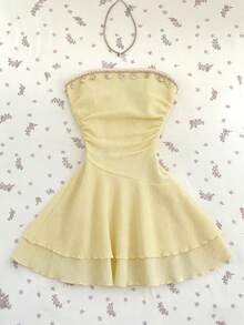 Sweetra Spring/Summer French Romantic Ruffle Hem Cropped Dress, Sleeveless Waist Cinched Layered Skirt, Yellow - Yellow - View 7