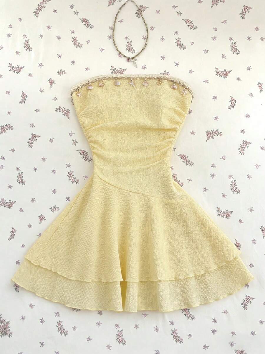 Sweetra 春夏法式浪漫荷叶边短款连衣裙，无袖收腰多层裙摆，黄色 - 黃色 - 查看 1