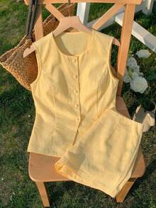 SHEIN EZwear 黄色梭织休闲女式背心和短裤套装 - 黃色 - 查看 9