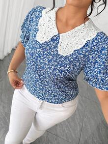 Elenzga 大码女式优雅春夏蓝白碎花柔软面料刺绣领复古泡泡袖衬衫，适合毕业典礼、节日、情人节、音乐节、母亲节、万圣节、感恩节、复活节、国庆节、舞会、约会、派对、婚礼、郊游等场合。彼得潘领衬衫，曲线加厚衬衫，蕾丝衬衫，图案上衣，女性化上衣，波点女式衬衫，夏季女式衬衫，女式工作上衣，女式上衣和衬衫，休闲优雅波点女式衬衫。 - 藍白色 - 查看 2