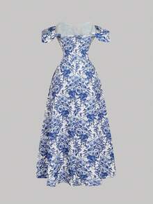 SHEIN MOD 女士蓝白碎花露肩连衣裙 - 藍白色 - 查看 5