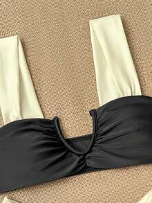 SHEIN Swim 2件套加厚肩带撞色亮面面料褶皱设计优雅度假比基尼泳装套装（女士款） - 黑色 - 查看 4