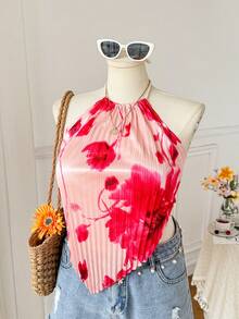 Comfortcana Áo camisole cỡ lớn in họa tiết tranh sơn dầu lãng mạn, cổ lệch xếp ly, không tay, thích hợp cho mùa xuân. - Hồng - Xem 6