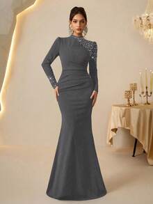 Coutiva Elegant Rhinestone Embellished Fish Tail Hem High-End Formal Gown, Luxury Elegant Socialite Dress - Grey - View 6
