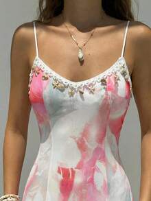 Aloruh New Vacation Boho Floral Mesh Print Patchwork Shell Ribbon Waist Maxi A-Line Dress Sundress Long Beach Summer - White - View 6